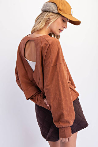 Cotton Slub Open Back Long Sleeve Top | White