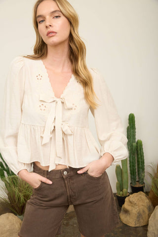 Kyla Eyelet Embroidered Tie Top | Light Khaki