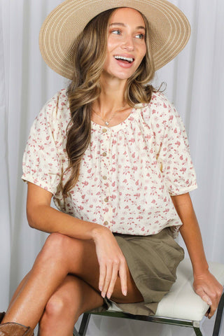 Saylor Floral Print Round Neck Blouse | Blue