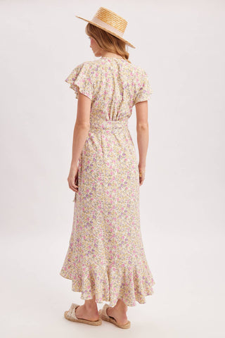 Cassie Floral Print Ruffled Hem Wrap Maxi Dress | Navy