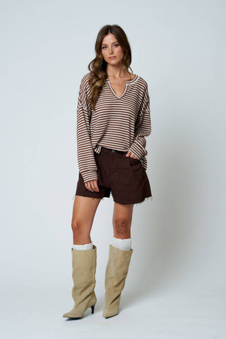 Sherise Split Neck Knit Top | Brown