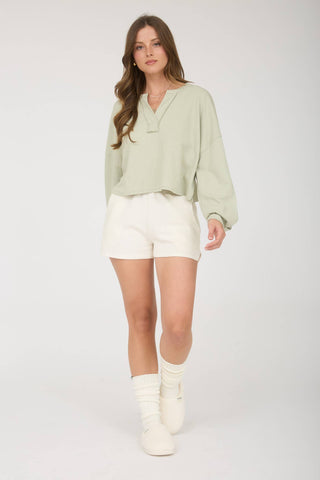 Kara Split Neck Cropped Knit Top | Oatmeal