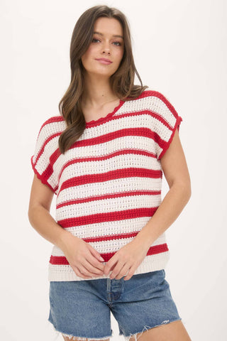 Laurel Stripe Scallop Trim Crochet Sweater | Red