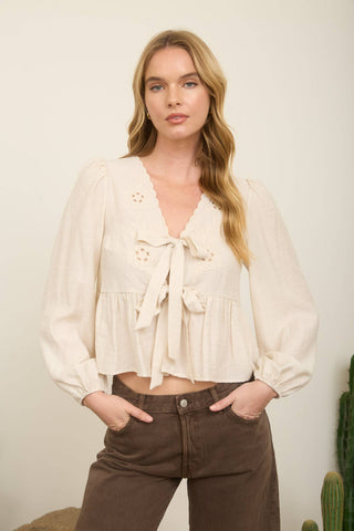 Kyla Eyelet Embroidered Tie Top | Light Khaki