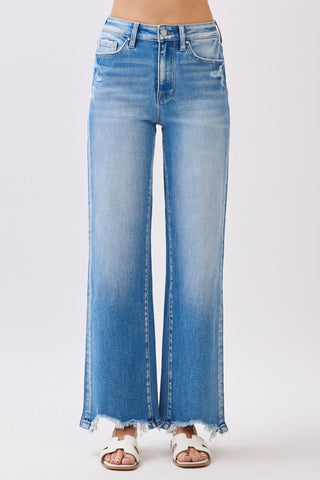 Medium Wash High Rise Stretch Wide Leg Denim w/ Destroyed Hem | Petra153