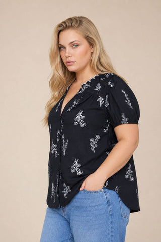 Plus Size Krissy Floral Linen Top | Black
