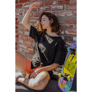 Mineral Washed Short Sleeve Top w/ Side Slit | Brown