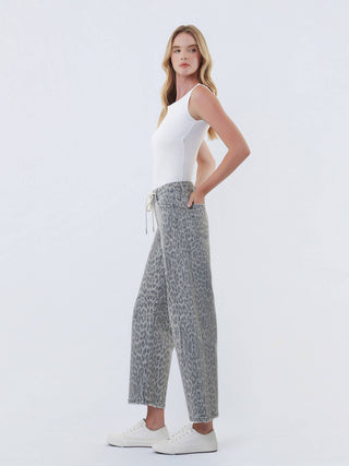 Lenny Grey Leopard High Rise Drawstring Denim