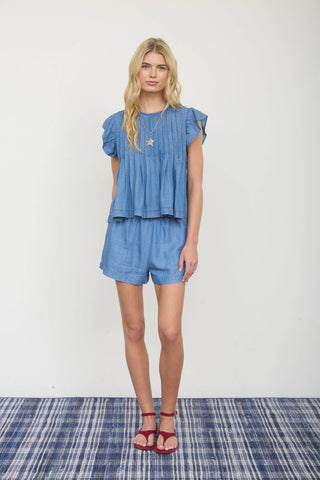 Paisley Pintuck Denim Top