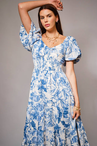 Garden Blue Floral Printed Tiered Maxi Dress
