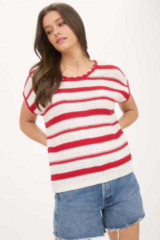 Laurel Stripe Scallop Trim Crochet Sweater | Red