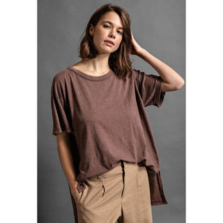 Mineral Washed Short Sleeve Top w/ Side Slit | Brown