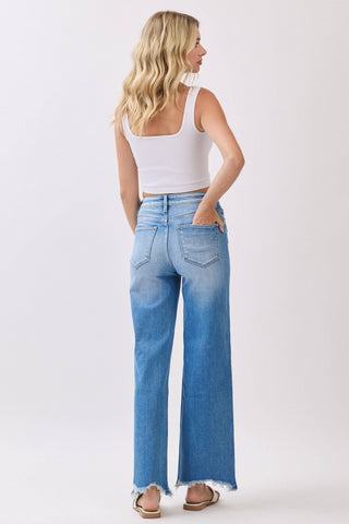 Medium Wash High Rise Stretch Wide Leg Denim w/ Destroyed Hem | Petra153