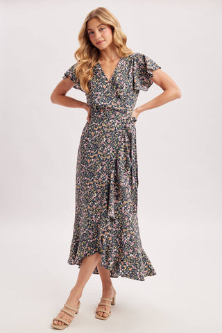 Cassie Floral Print Ruffled Hem Wrap Maxi Dress | Navy