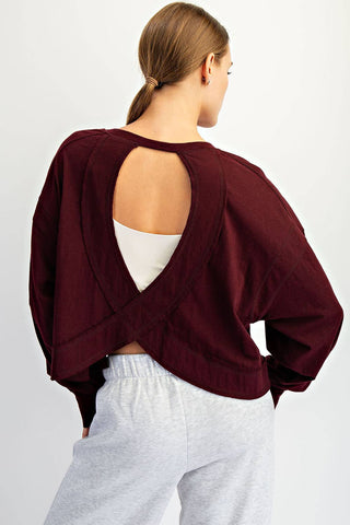 Cotton Slub Open Back Long Sleeve Top | White