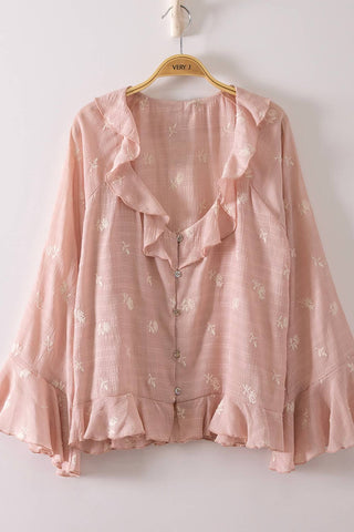 Blushing Floral Embroidered Ruffled Blouse Top