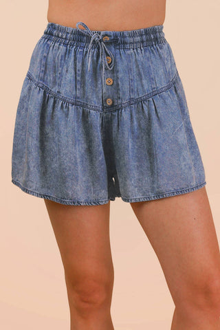 Whitney Washed Chambray Button Down Flare Shorts | Light Indigo