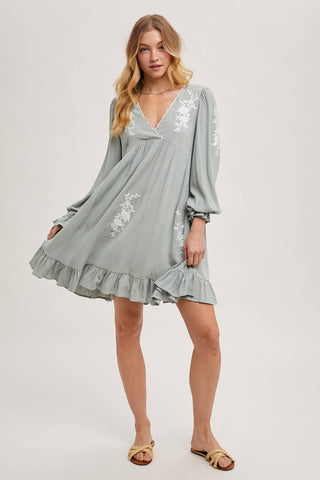 Samantha Embroidered Ruffled Dress | Sage