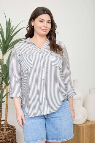 Plus Size Genevieve Striped Buttondown Top | Dark Gray