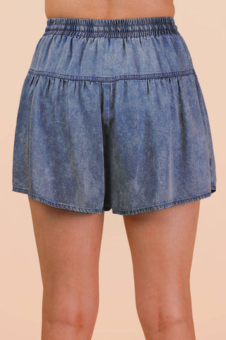 Whitney Washed Chambray Button Down Flare Shorts | Light Indigo
