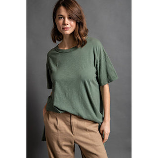 Mineral Washed Short Sleeve Top w/ Side Slit | Brown