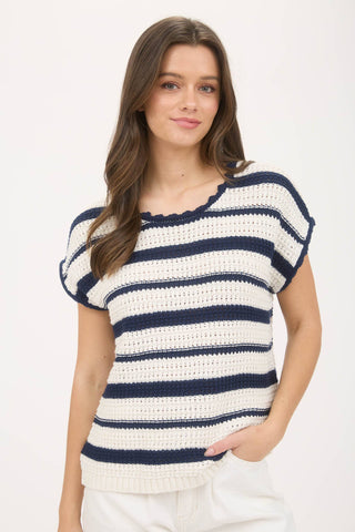 Laurel Stripe Scallop Trim Crochet Sweater | Red