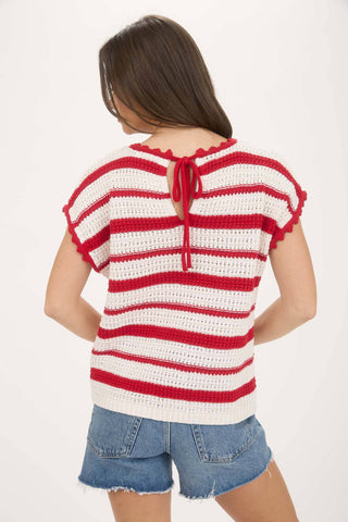 Laurel Stripe Scallop Trim Crochet Sweater | Red