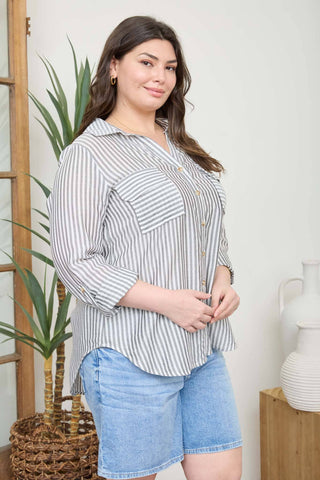 Plus Size Genevieve Striped Buttondown Top | Dark Gray