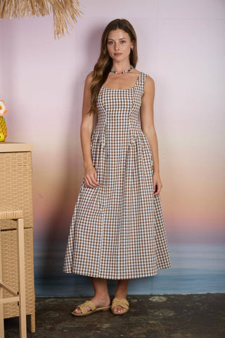 Poppy Plaid Basque Waist Midi Dress | Brown