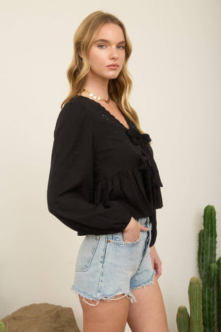 Kyla Eyelet Embroidered Tie Top | Light Khaki