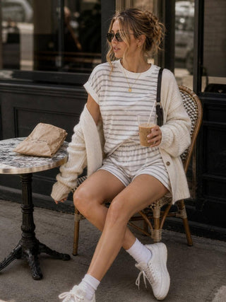 Lola Striped Lounge Tee + Shorts Set | White + Gray