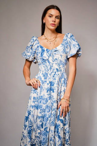 Garden Blue Floral Printed Tiered Maxi Dress