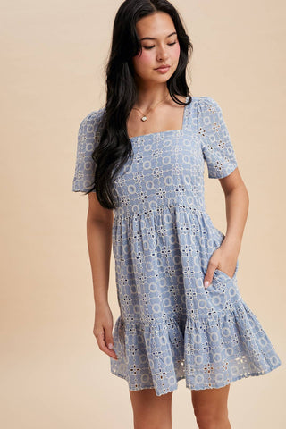 Ellie Eyelet Embroidered Shift Mini Dress | Blue Aura