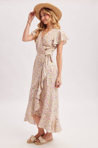 Cassie Floral Print Ruffled Hem Wrap Maxi Dress | Navy