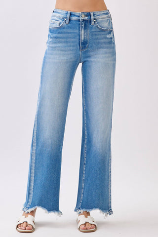 Medium Wash High Rise Stretch Wide Leg Denim w/ Destroyed Hem | Petra153