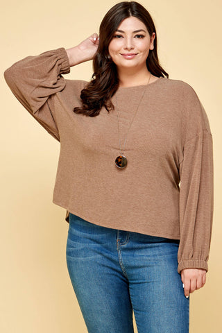 Lesley Plus Size Solid Rouched Back Top | Brown