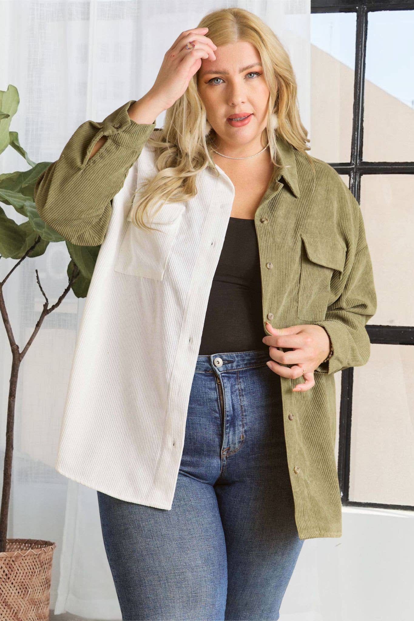 Oakley Plus Size Colorblock Shacket | Olive + White