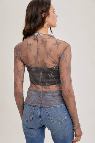 Mila Floral Embroidery Lace Mesh Layering Top | Nude