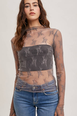 Mila Floral Embroidery Lace Mesh Layering Top | Nude