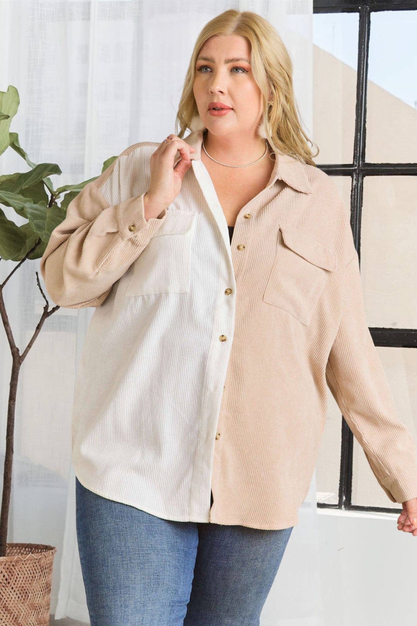 Oakley Plus Size Colorblock Shacket | Olive + White