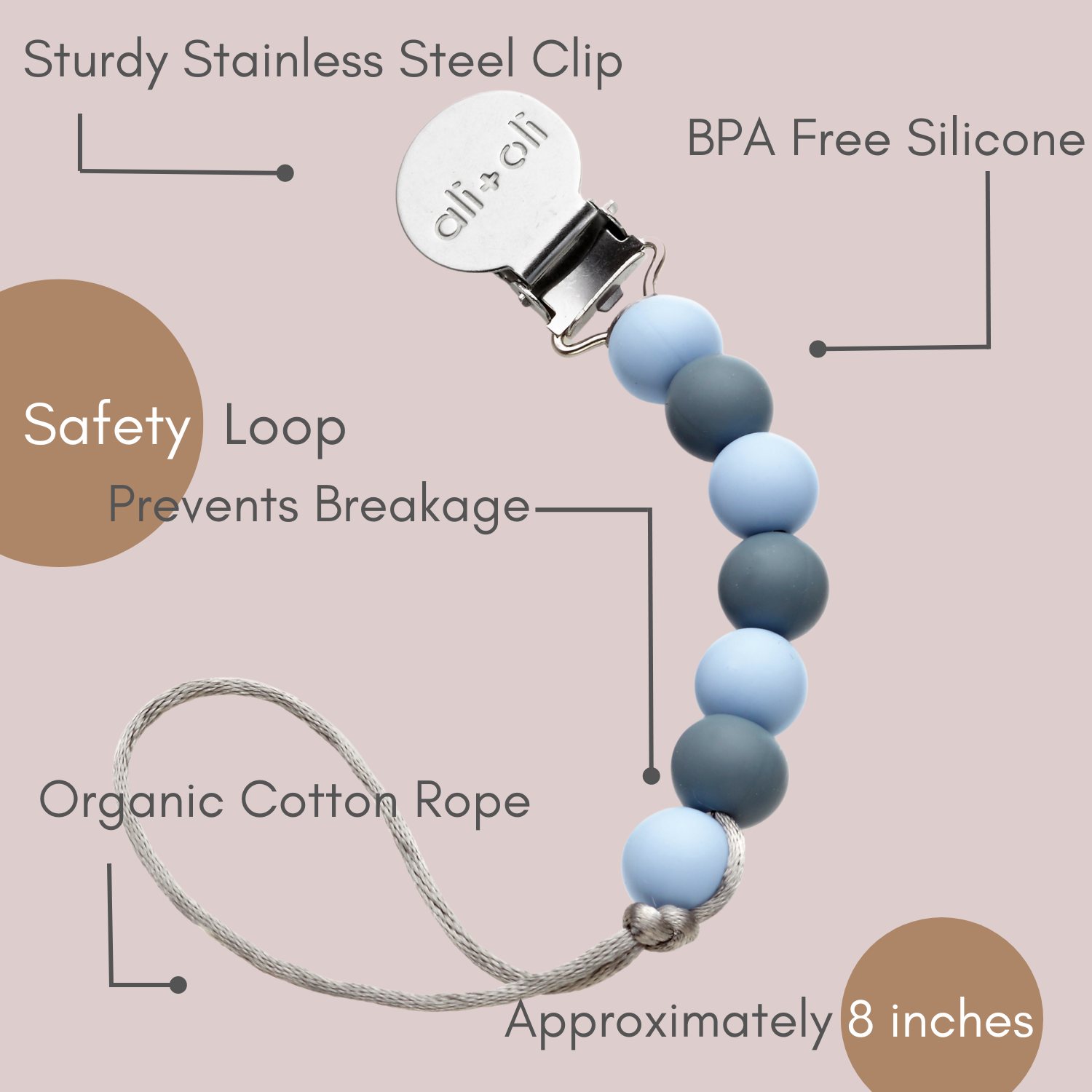 Ali+Oli Silicone Pacifier Clip | Iron