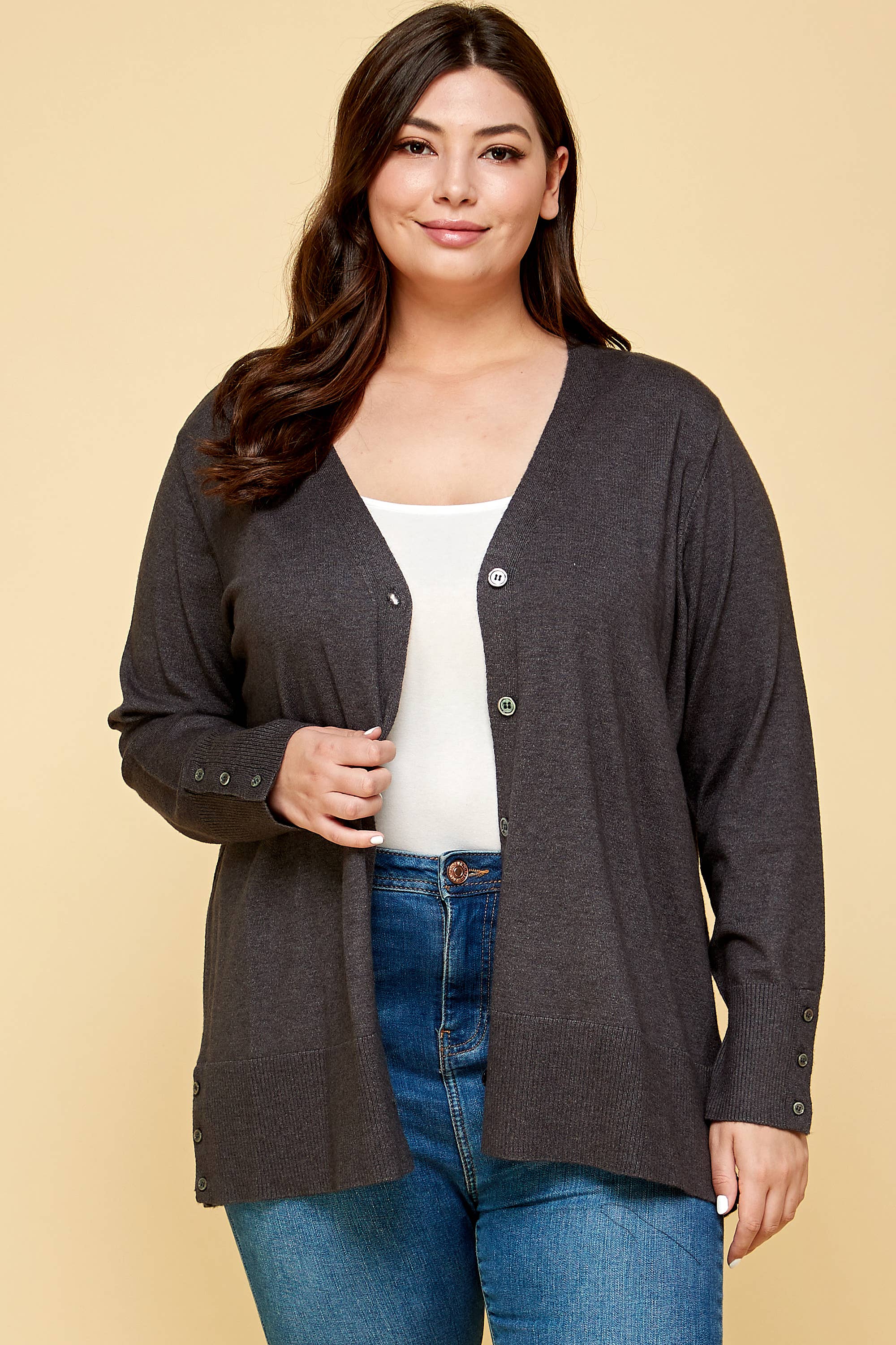 Charlie Plus Size Button Up Knit Cardigan | Charcoal