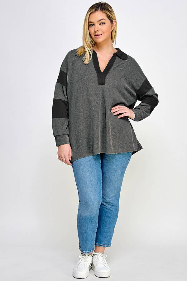 Plus Size Riley Ribbed Rugby Polo - Black