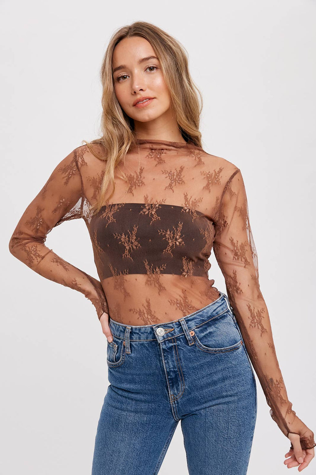 Mila Floral Embroidery Lace Mesh Layering Top | Hazelnut