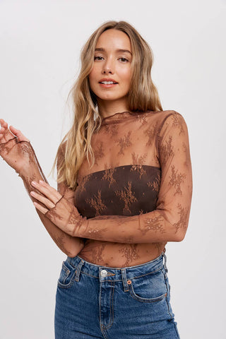 Mila Floral Embroidery Lace Mesh Layering Top | Nude