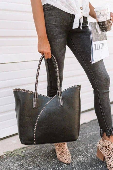 2-in-1 Stitch Trim Detail Shoulder/Tote Set Bag | Gray