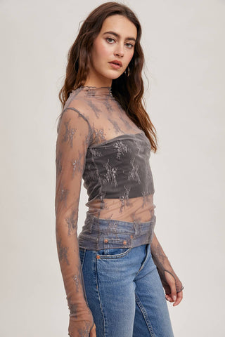 Mila Floral Embroidery Lace Mesh Layering Top | Nude