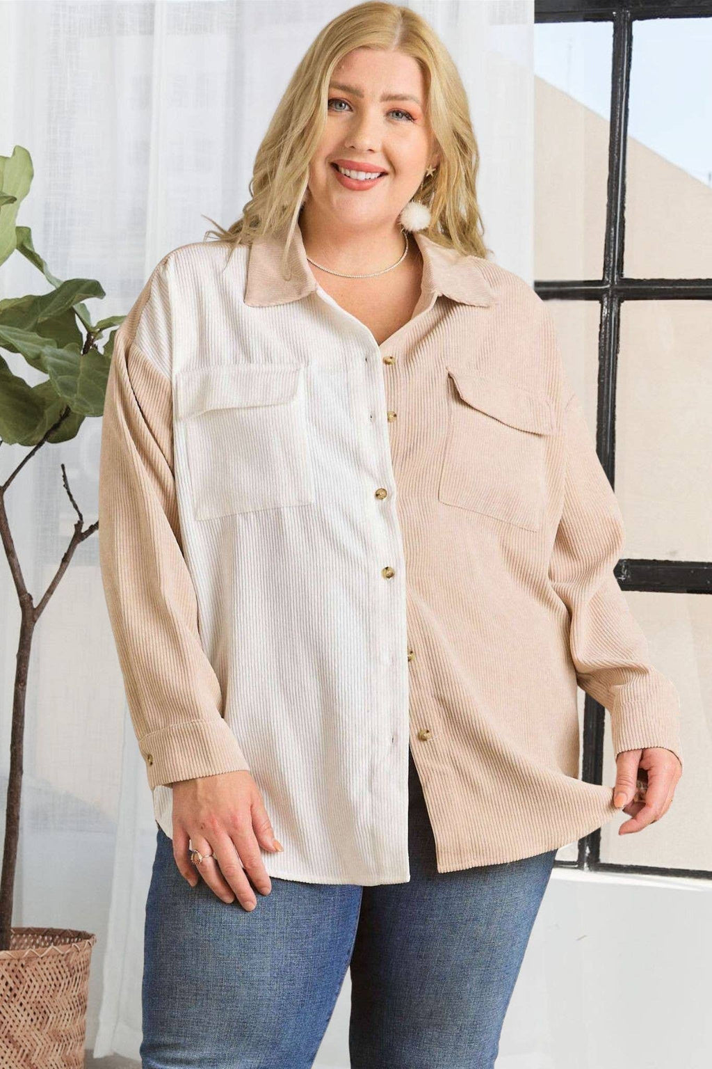 Oakley Plus Size Colorblock Shacket | Olive + White