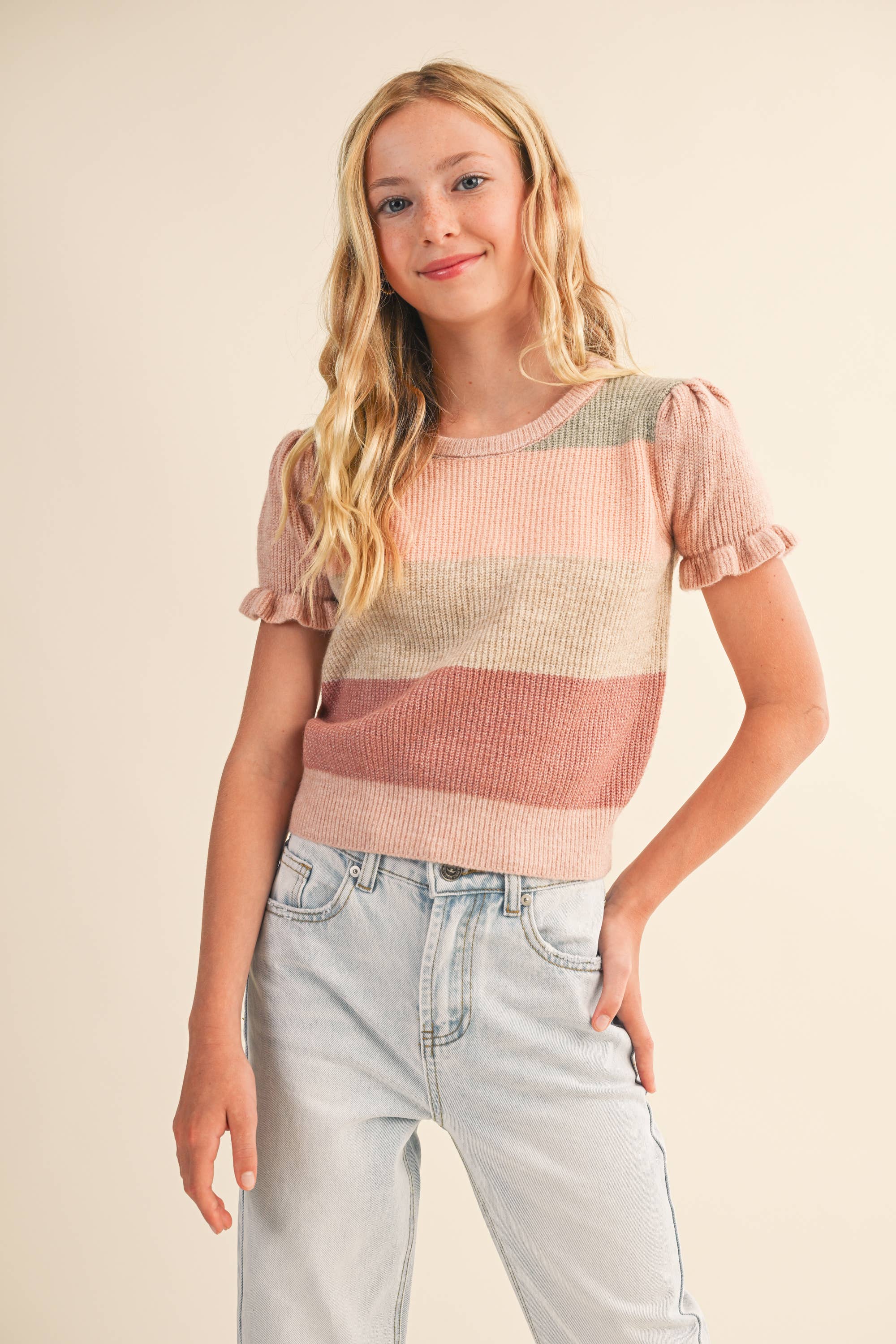 Maeve Tween Striped Puff Sleeve Cropped Sweater