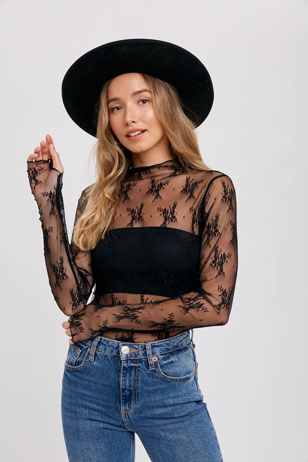 Mila Floral Embroidery Lace Mesh Layering Top | Hazelnut